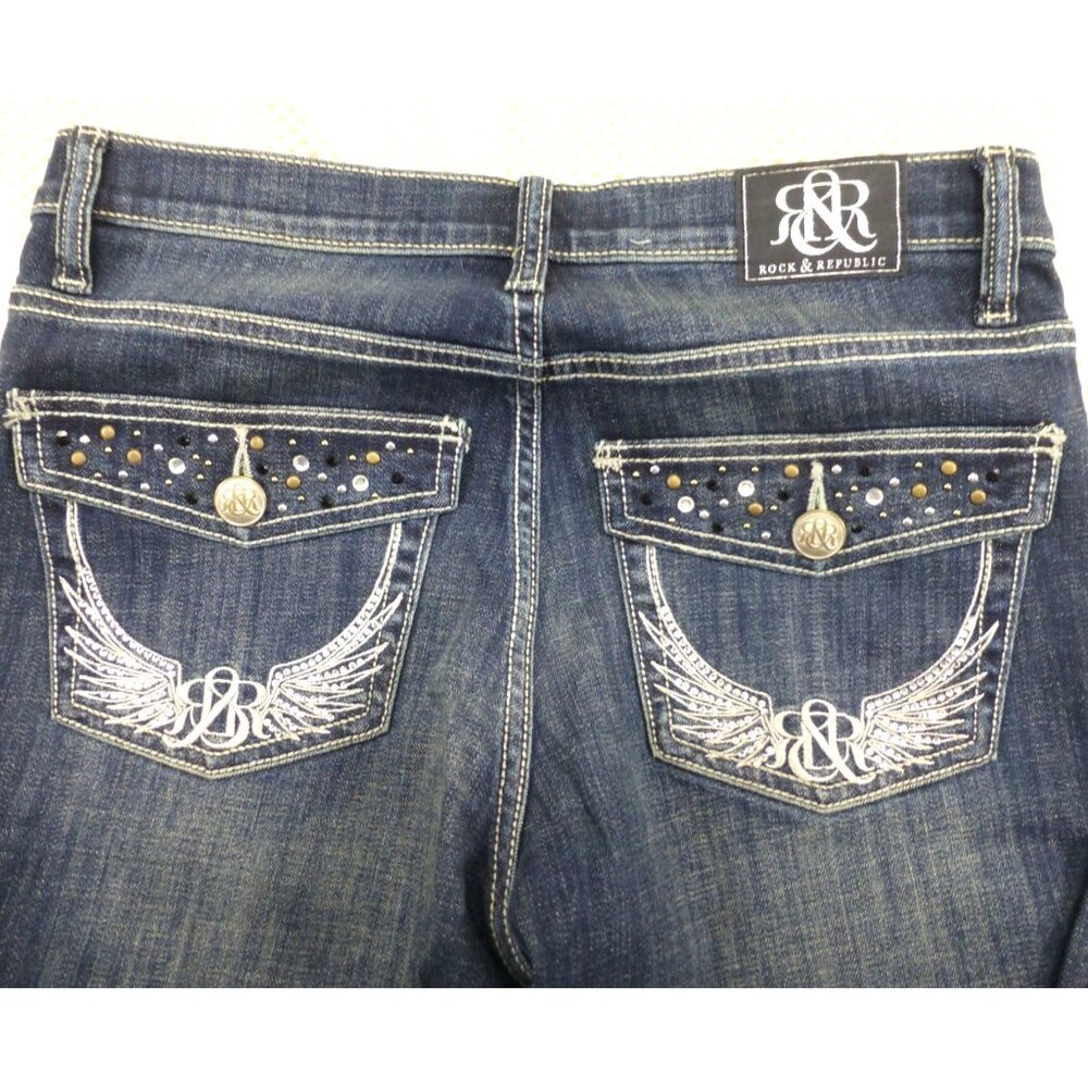 Rock & Republic Kasandra Bootcut Jeans 8L‎ Womens Dark Wash Embroidered Pockets